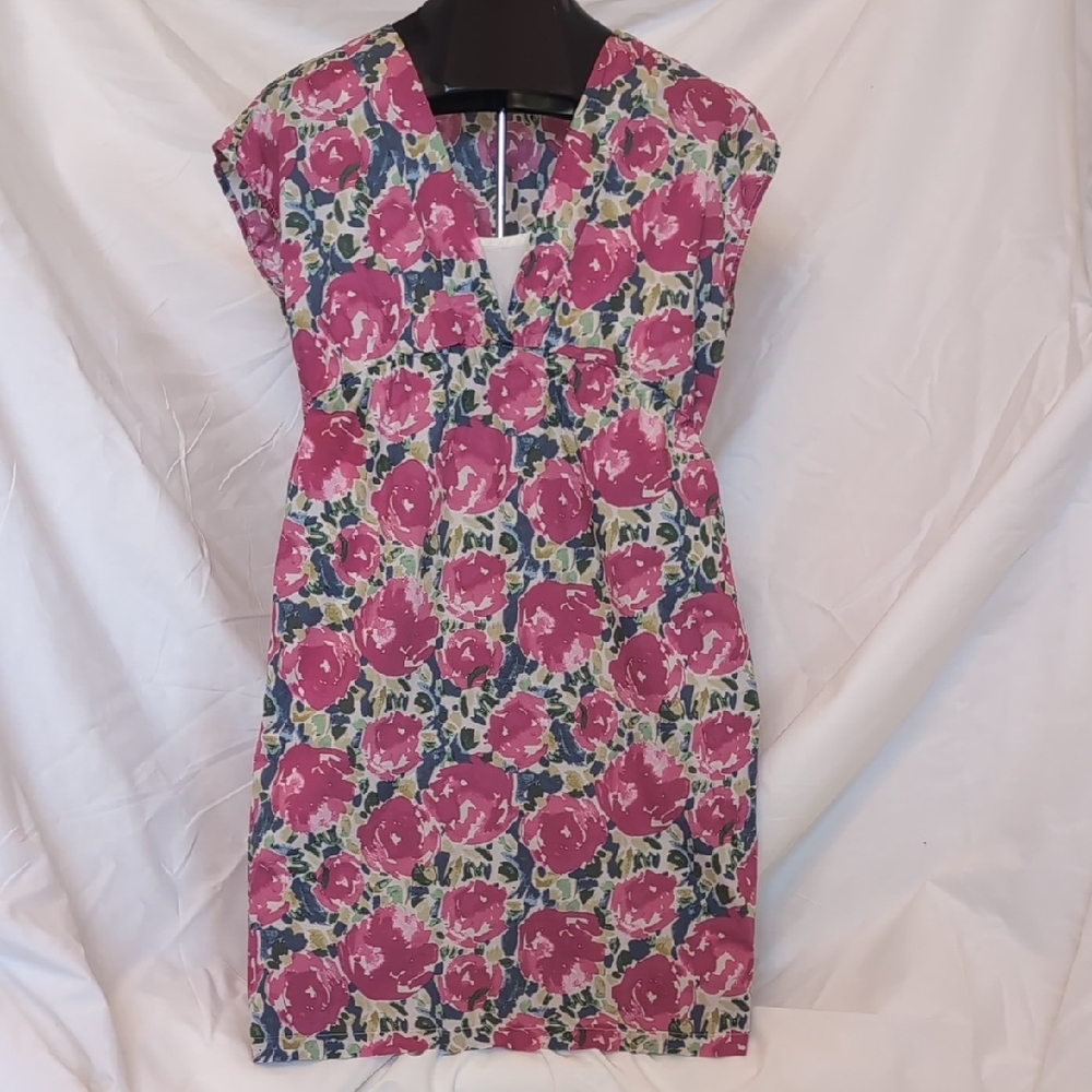 Garnet Hill Vibrant Pink and Green Floral Midi Dress